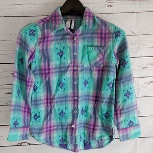 Justice Button Down Plaid Shirt Blue Pink Size 12